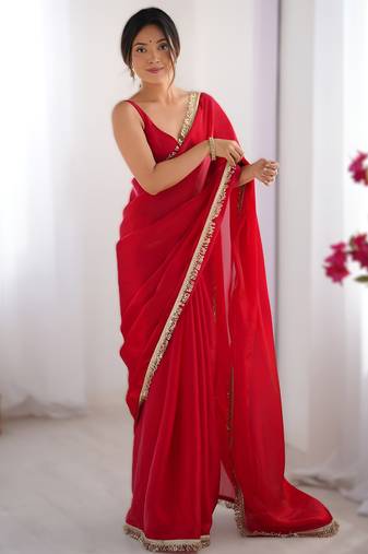 Red soft space silk saree with sequin zalar lace border & matching blouse