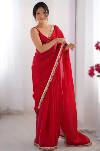 Red soft space silk saree with sequin zalar lace border & matching blouse