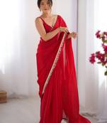 Red soft space silk saree with sequin zalar lace border & matching blouse