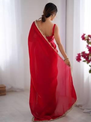 Red soft space silk blend saree with sequin zalar lace border & matching blouse 2