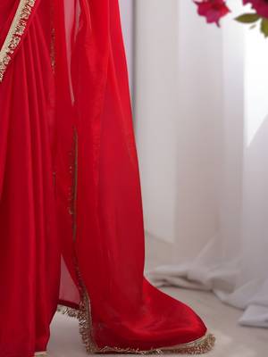Red soft space silk blend saree with sequin zalar lace border & matching blouse 3