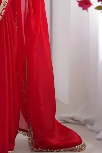 Red soft space silk blend saree with sequin zalar lace border & matching blouse