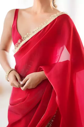 Red soft space silk blend saree with sequin zalar lace border & matching blouse