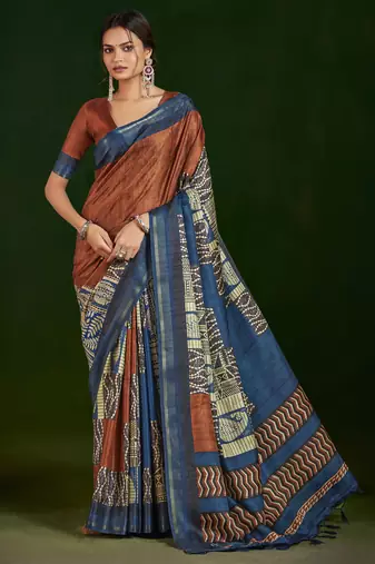 rust color gathan silk blend fabric designer digital printed partywear saree