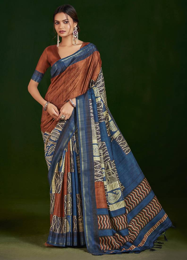 rust color gathan silk blend fabric designer digital printed partywear saree