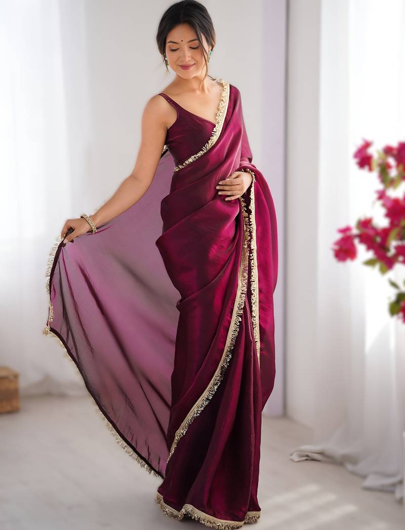 Wine soft space silk saree with sequin zalar lace border & matching blouse