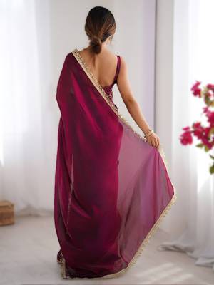 Wine soft space silk blend saree with sequin zalar lace border & matching blouse 2
