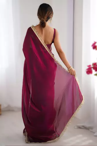 Wine soft space silk blend saree with sequin zalar lace border & matching blouse