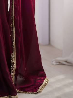 Wine soft space silk blend saree with sequin zalar lace border & matching blouse 3