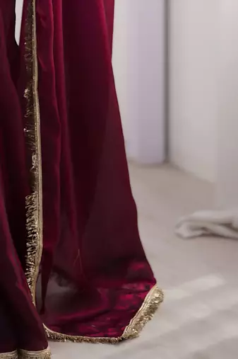 Wine soft space silk blend saree with sequin zalar lace border & matching blouse