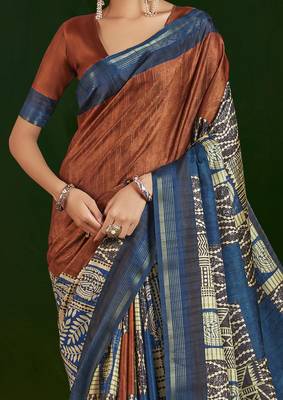 rust gathan silk blend digital printed partywear saree 3