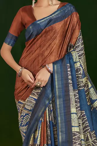 rust gathan silk blend digital printed partywear saree
