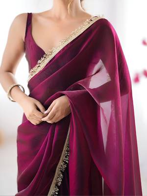 Wine soft space silk blend saree with sequin zalar lace border & matching blouse 4