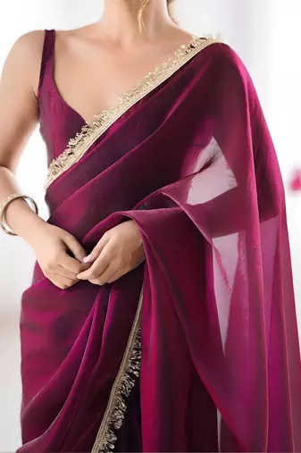 Wine soft space silk blend saree with sequin zalar lace border & matching blouse