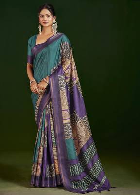 teal gathan silk blend digital printed partywear saree 1