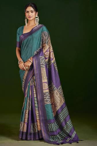teal color gathan silk blend fabric designer digital printed partywear saree