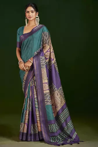 teal color gathan silk blend fabric designer digital printed partywear saree