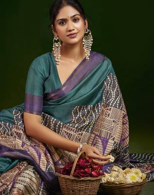 teal gathan silk blend digital printed partywear saree 3