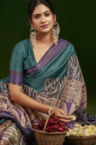 teal gathan silk blend digital printed partywear saree