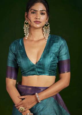 teal gathan silk blend digital printed partywear saree 4