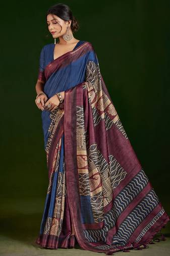 navy blue color gathan silk blend fabric designer digital printed partywear saree