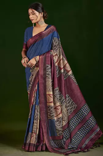 navy blue color gathan silk blend fabric designer digital printed partywear saree