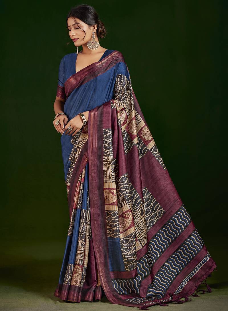 navy blue color gathan silk blend fabric designer digital printed partywear saree