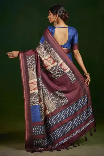 navy blue gathan silk blend digital printed partywear saree
