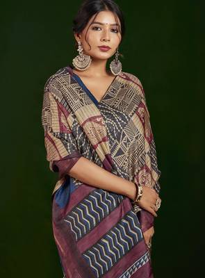 navy blue gathan silk blend digital printed partywear saree 3
