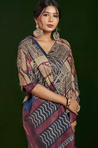 navy blue gathan silk blend digital printed partywear saree