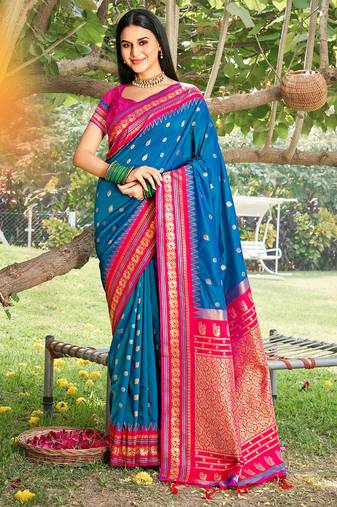 blue  color beautiful woven designer soft silk blend fabric saree