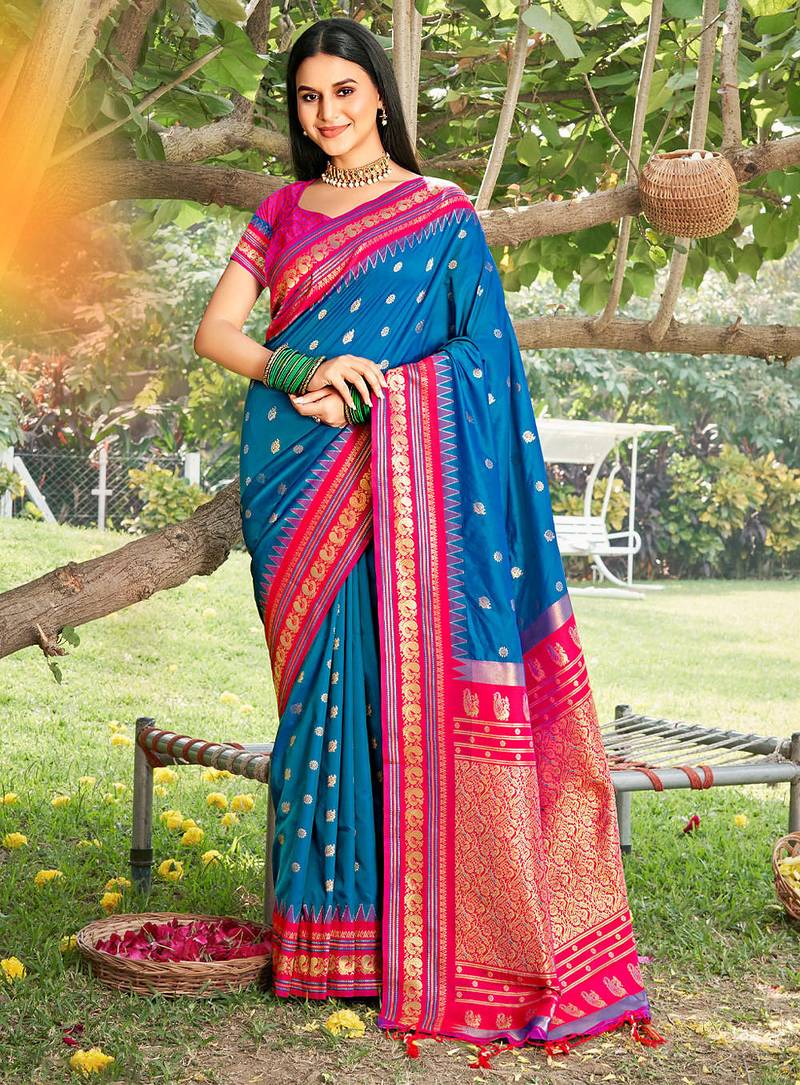blue  color beautiful woven designer soft silk blend fabric saree