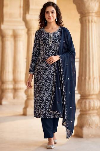 printed readymade suit set with khatli work & chanderi dupatta
