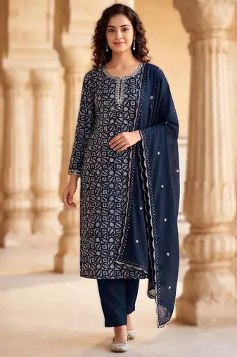 printed readymade suit set with khatli work & chanderi dupatta
