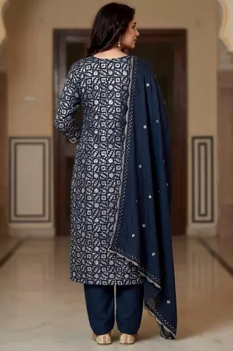 printed readymade suit set with khatli work & chanderi dupatta