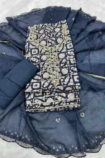 printed readymade suit set with khatli work & chanderi dupatta