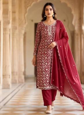 printed readymade suit set with khatli work & chanderi dupatta 1