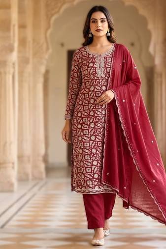printed readymade suit set with khatli work & chanderi dupatta