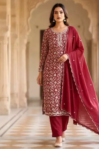 printed readymade suit set with khatli work & chanderi dupatta