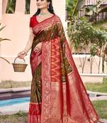 mehndi color pochampalli silk blend fabric woven designer ethnic partywear saree