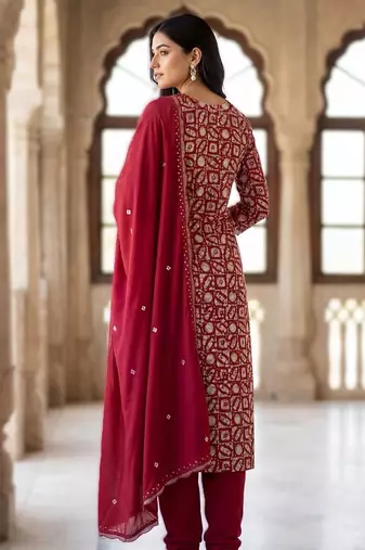 printed readymade suit set with khatli work & chanderi dupatta