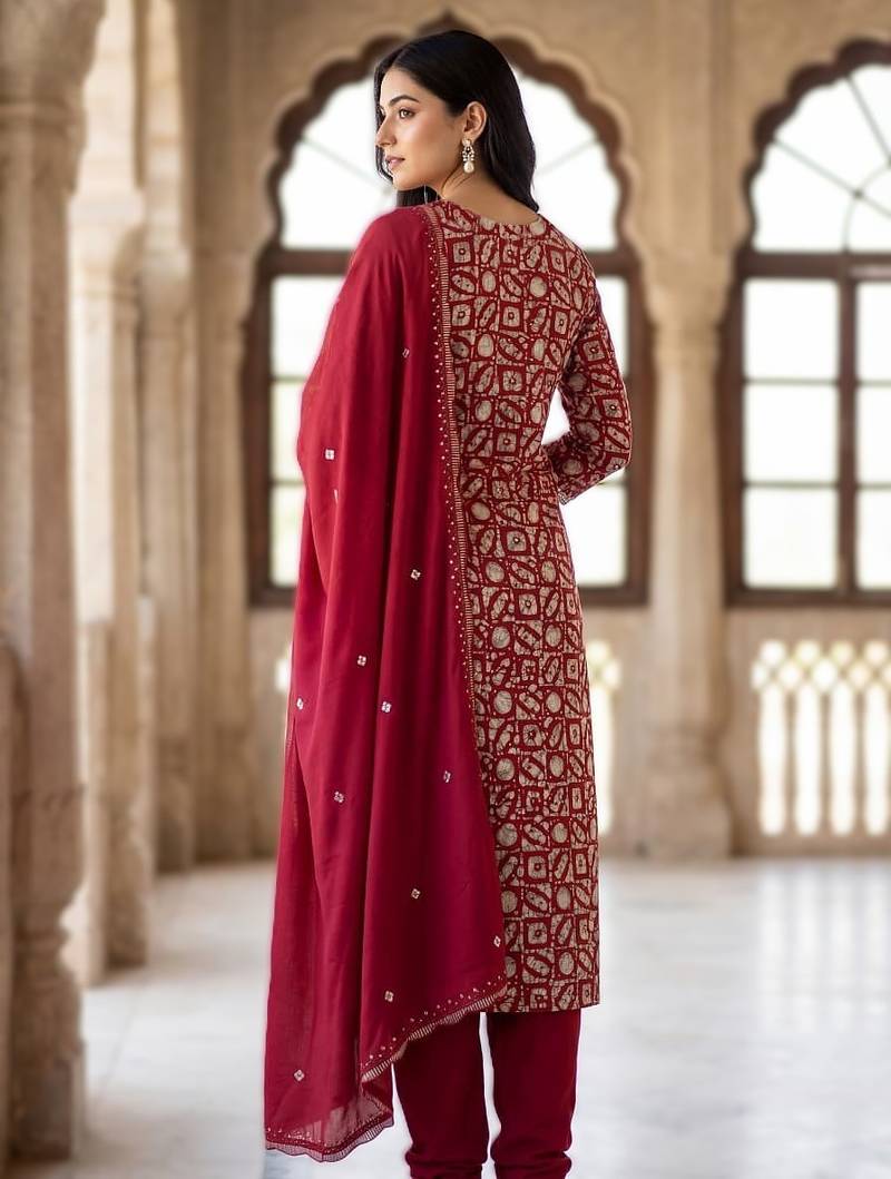 printed readymade suit set with khatli work & chanderi dupatta