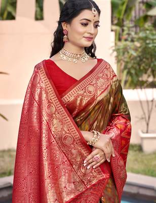 mehndi pochampalli silk blend woven ethnic partywear saree 2