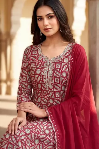 printed readymade suit set with khatli work & chanderi dupatta