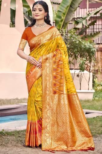 yellow color pochampalli silk blend fabric woven designer ethnic partywear saree