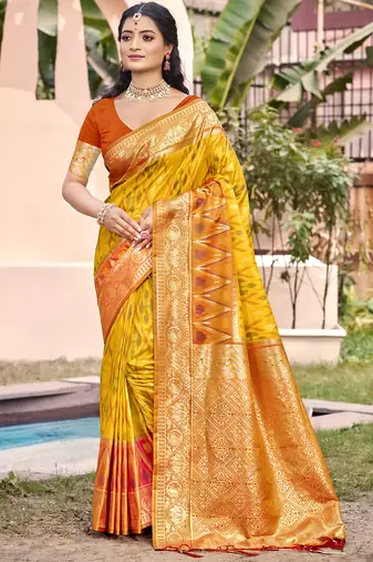 yellow color pochampalli silk blend fabric woven designer ethnic partywear saree