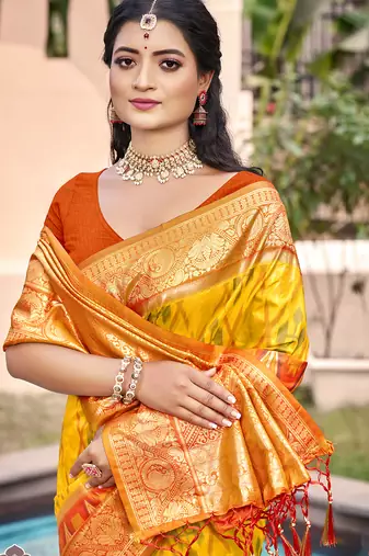 yellow pochampalli silk blend woven ethnic partywear saree