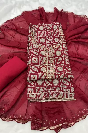 printed readymade suit set with khatli work & chanderi dupatta
