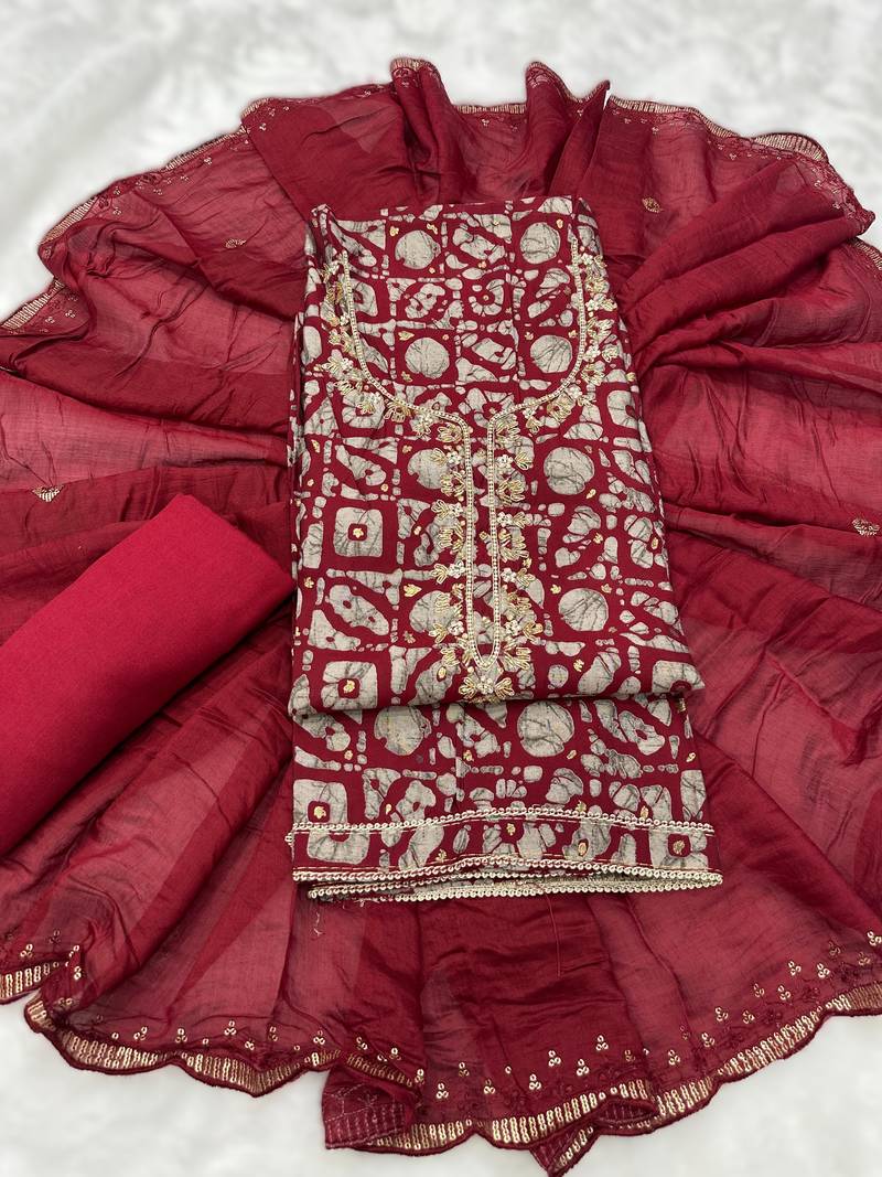 printed readymade suit set with khatli work & chanderi dupatta