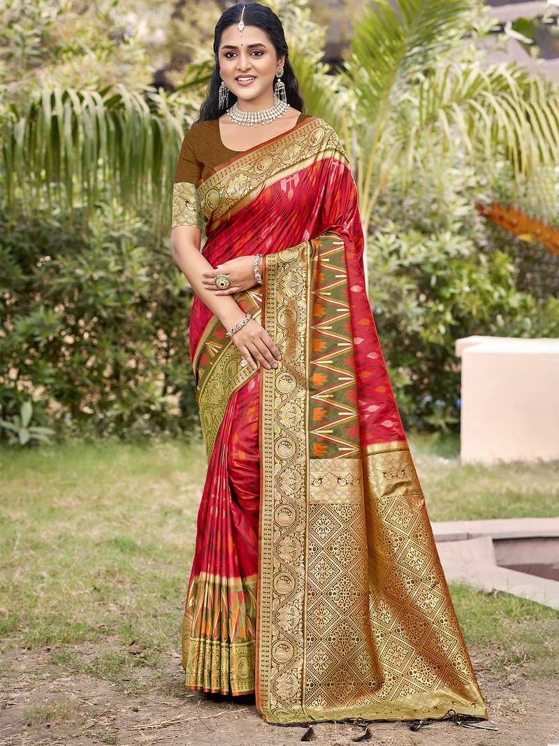 red color pochampalli silk blend fabric woven designer ethnic partywear saree
